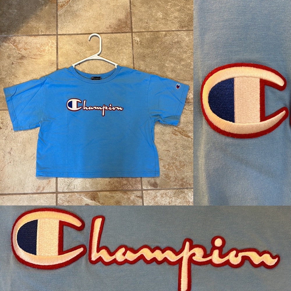 Champion women’s crop t-shirt blue RAISED letters SZ M MEDIUM workout NORDSTROM
